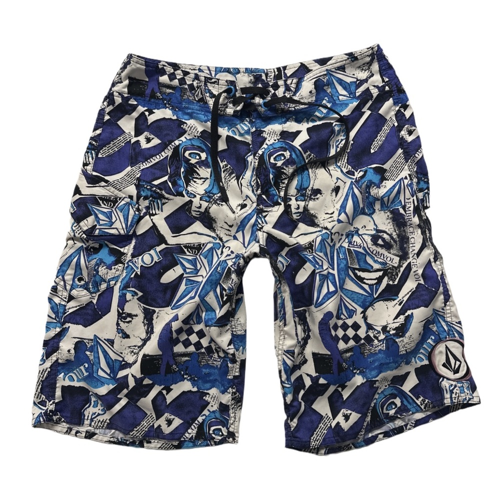 Y2K VOLCOM men's blue and white graphic board shorts, 30".